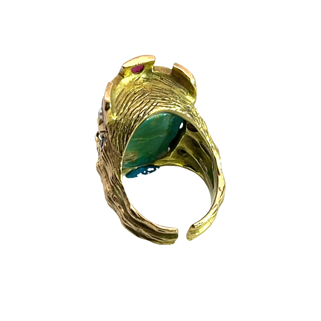 Victorian 18KY gold, turquoise, sapphire, star and faceted ruby and seed pearl Monkey King ring