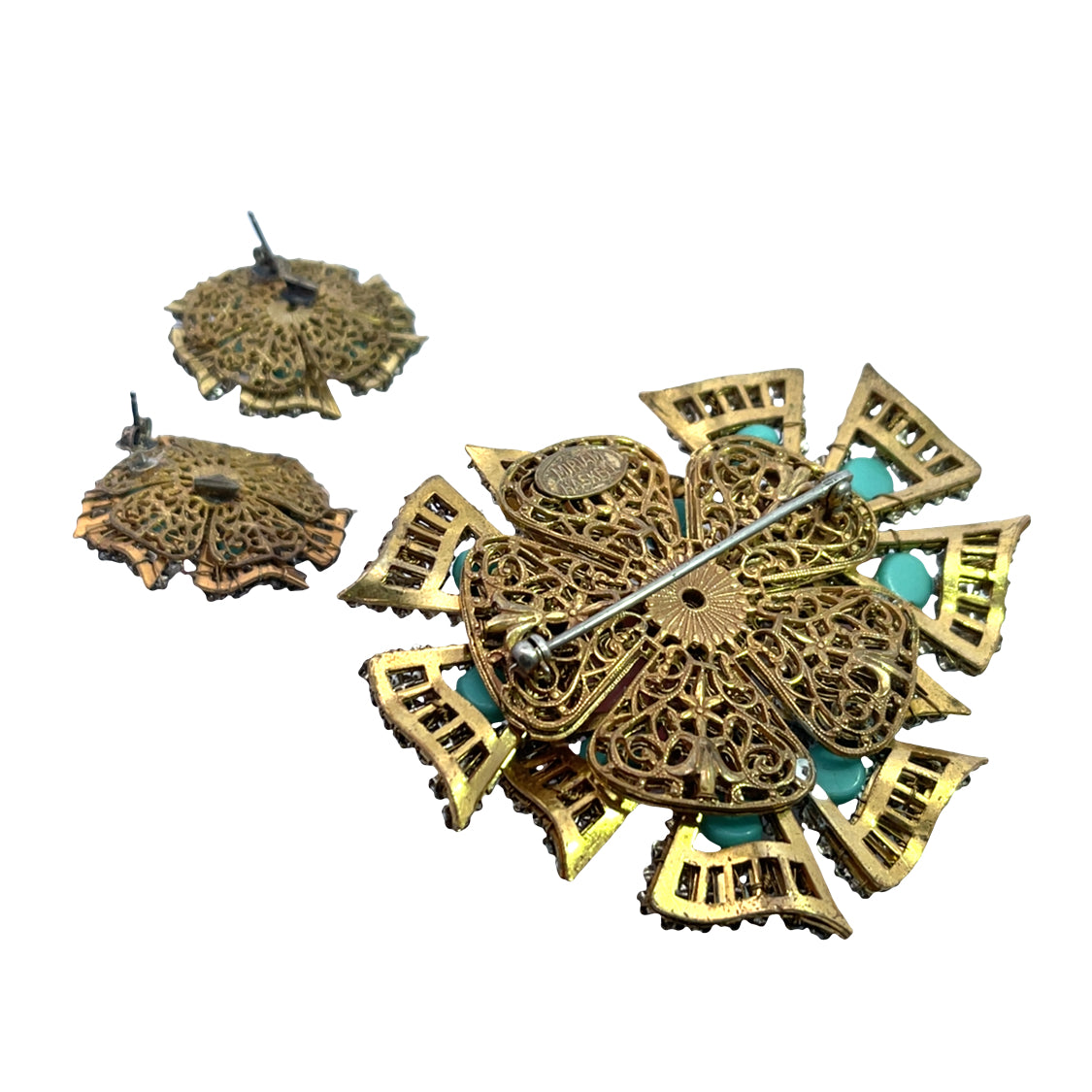 Mid Century Modern Brass, Rhinestone and Glass Miriam Haskell pin and earrings set