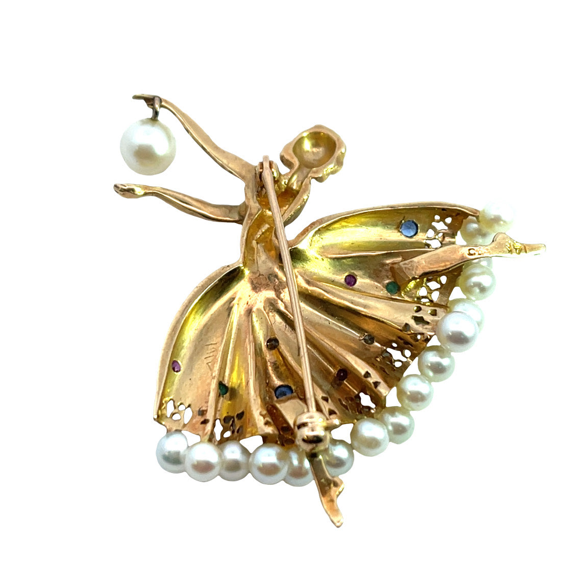 Mid Century Modern 18KY gold, cultured pearl, ruby, diamond, sapphire and emerald ballerina brooch