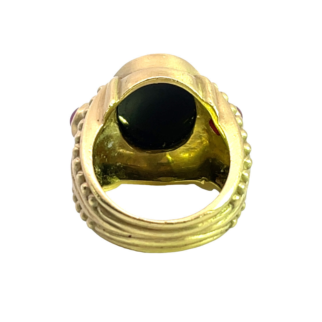 Modern 18 KY gold, ruby and carved onyx Judith Ripka ring