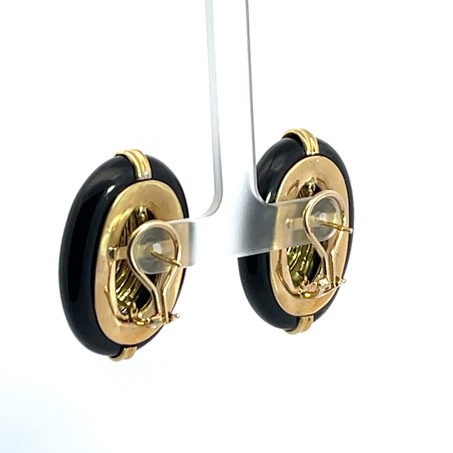 Mid Century Modern 18KY gold, round brilliant cut diamond, and carved onyx post earrings