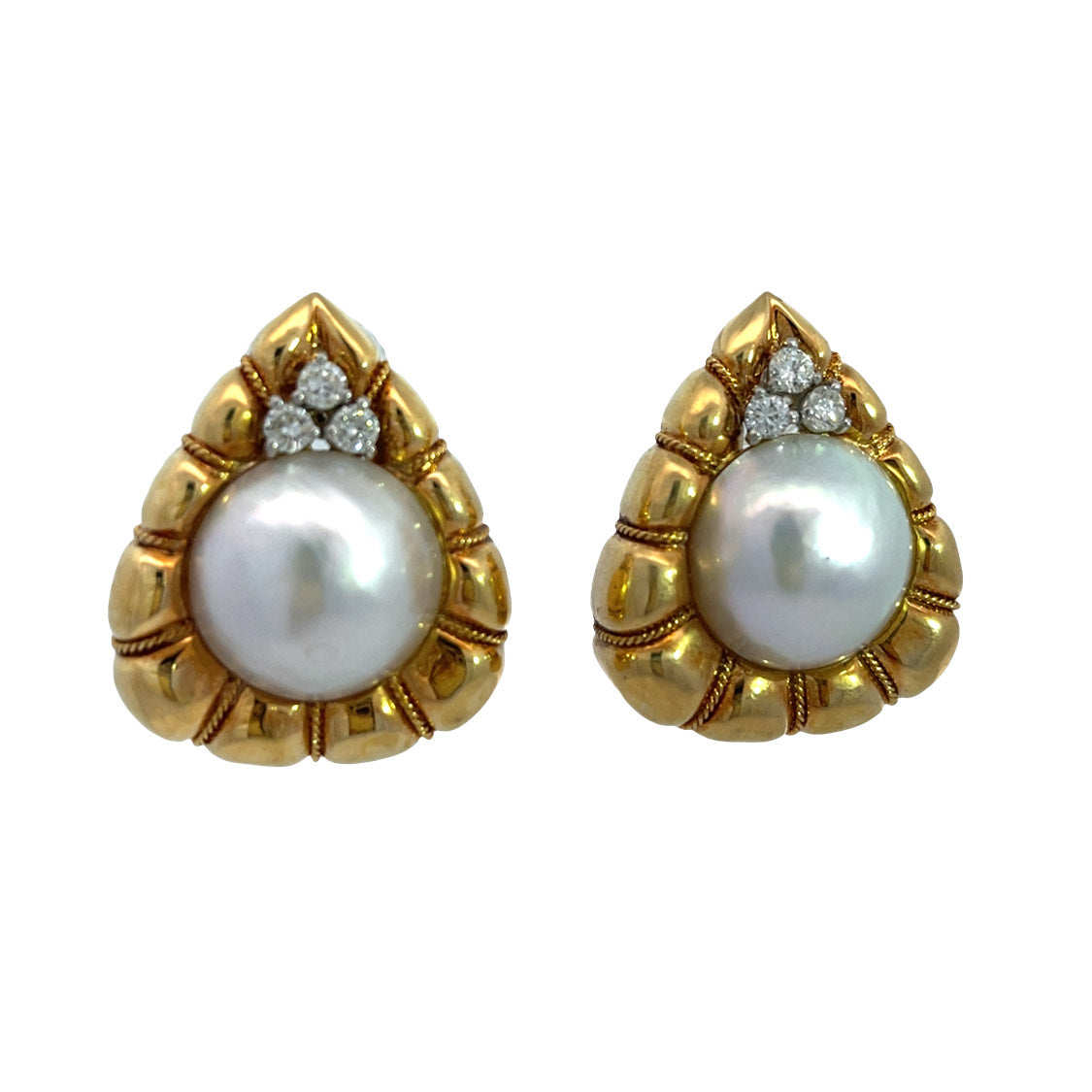 Mid Century Modern 18KY gold, Mabe Pearl, and diamond earrings