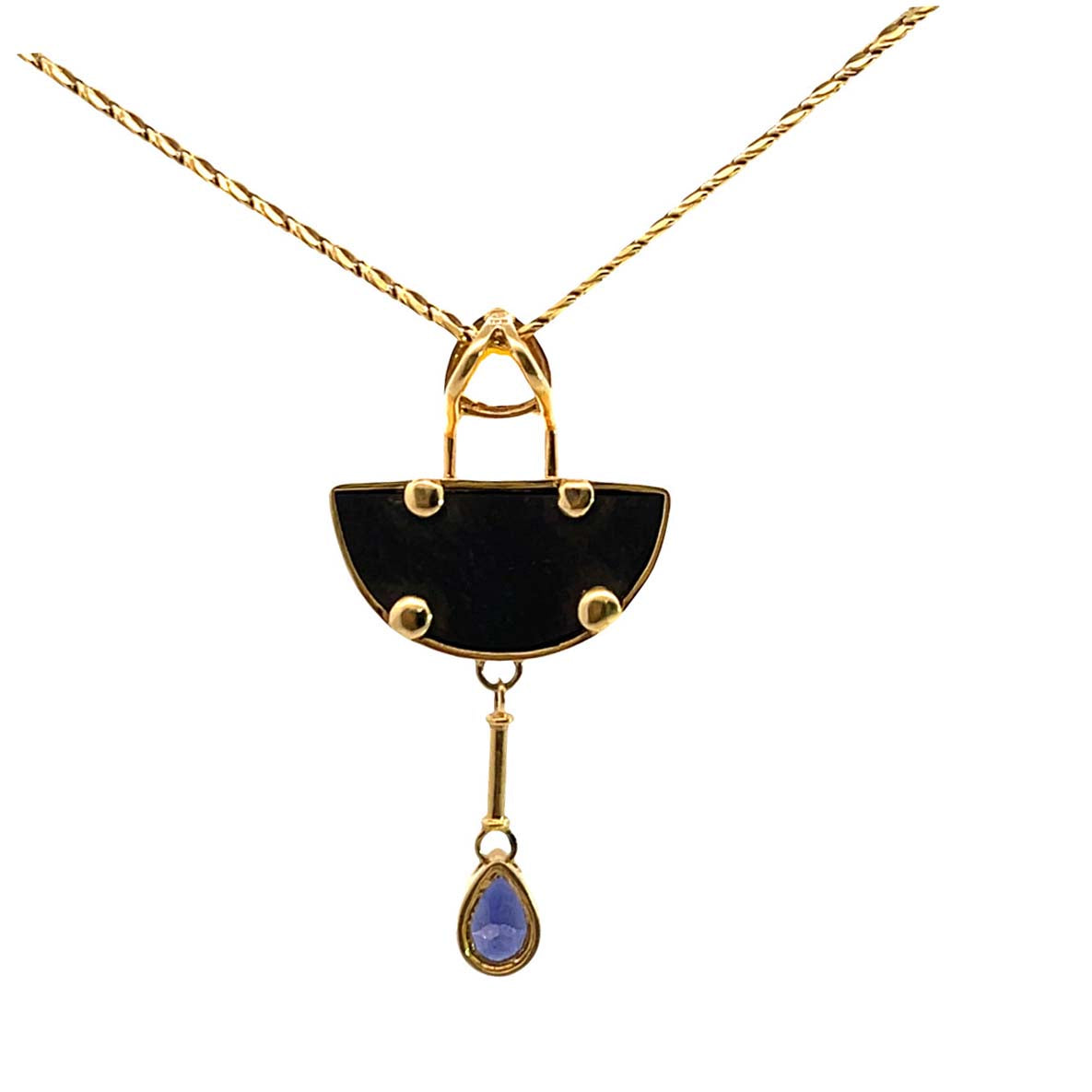 Modern 18KY gold, citrine, iolite, and ammolite pendant with chain