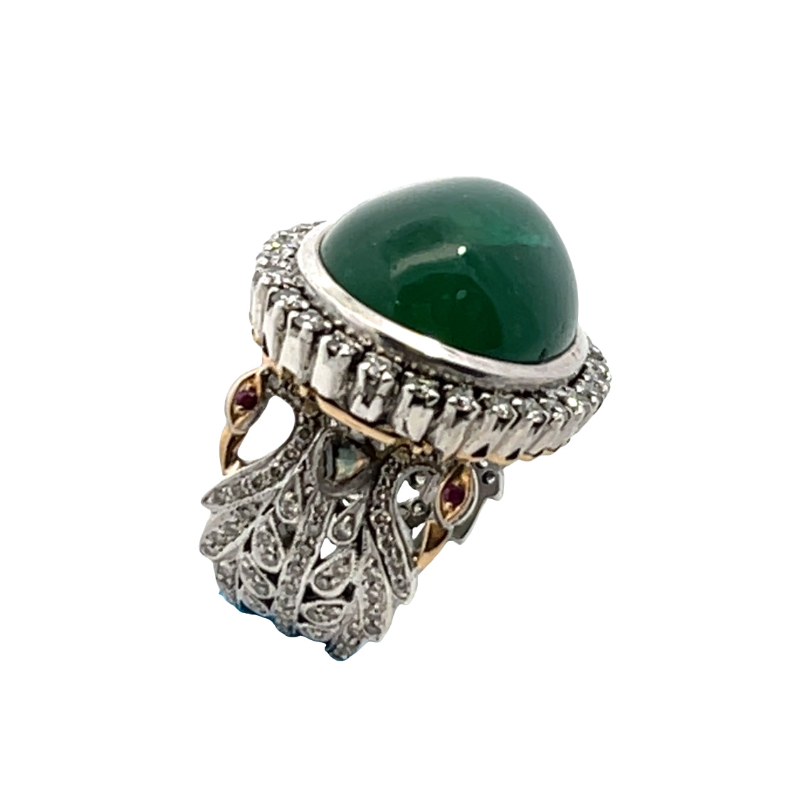 Modern 18KY gold, sterling silver, diamond, ruby and emerald cabochon ring