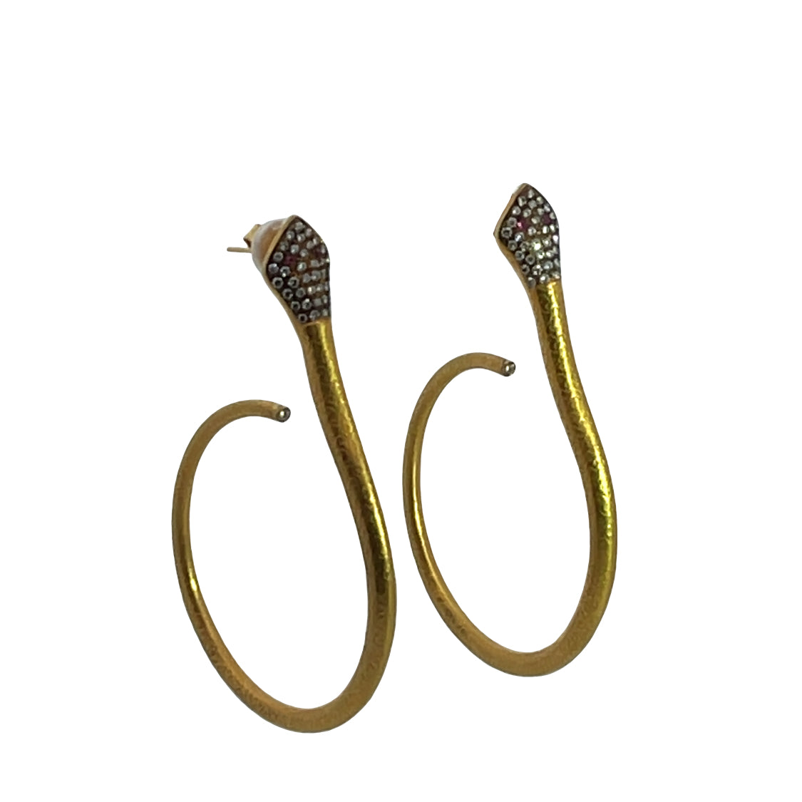 Modern 18KY gold, diamond and ruby snake hoop with post earrings