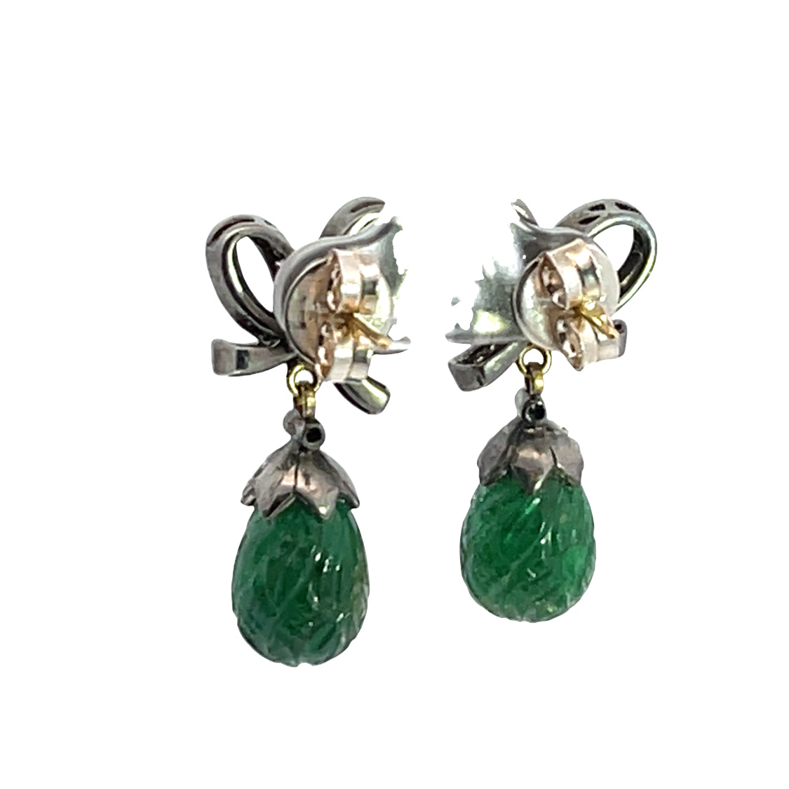 Mid Century Modern Sterling Silver, 18KY gold diamond and carved emerald drop post earrings