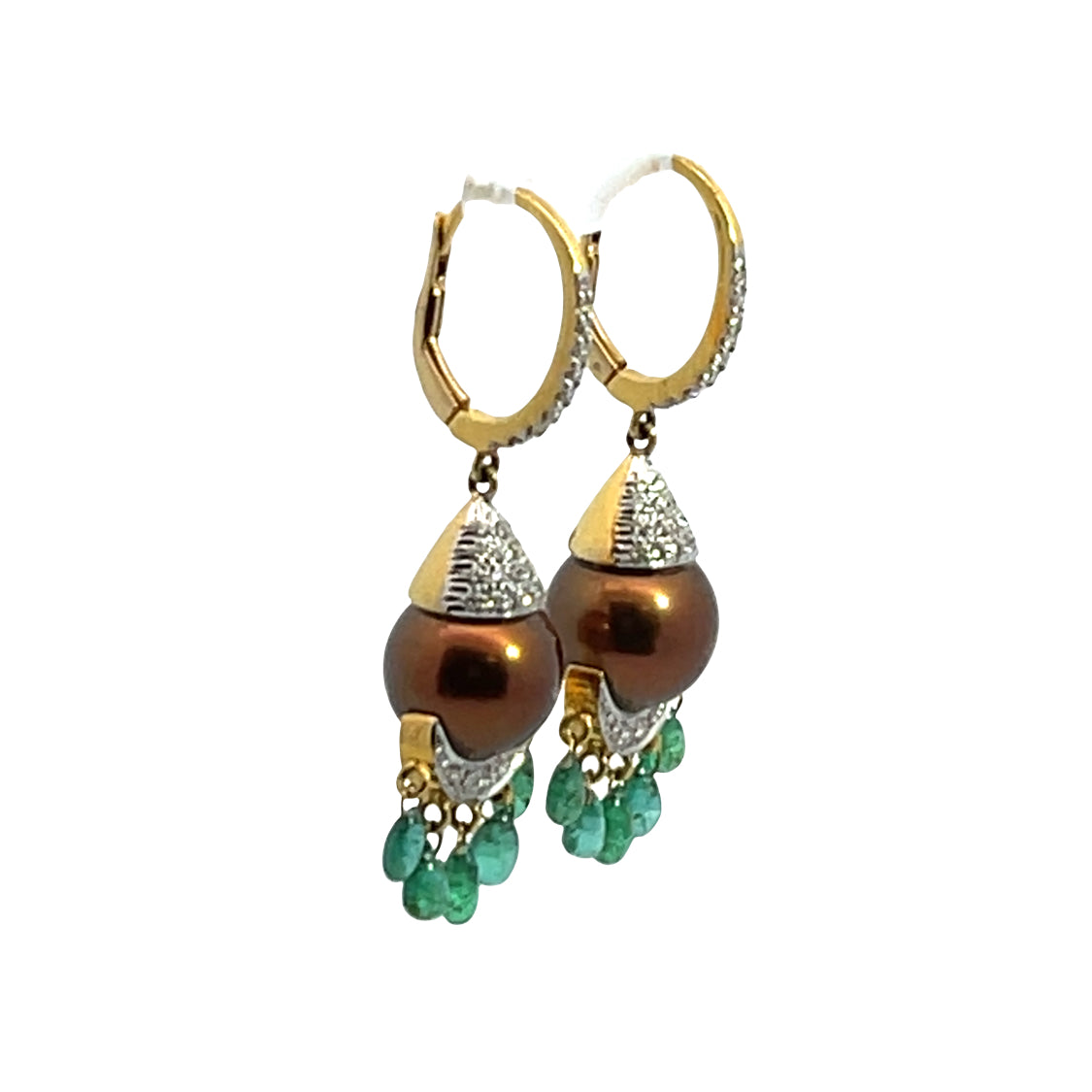 Modern 18KY gold, South Seas Pearls, emeralds and diamond drop earrings