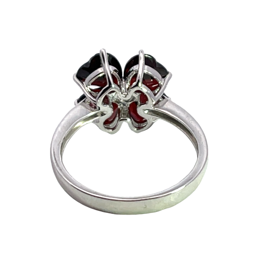 Modern platinum garnet and diamond clover heart ring