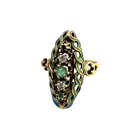 Victorian 10KY gold, diamond, emerald and enamel ring