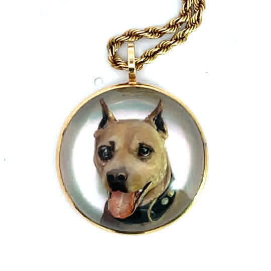 Victorian Essex 14KY gold, quartz crystal, mother of pearl Pit Bull Terrier pendant