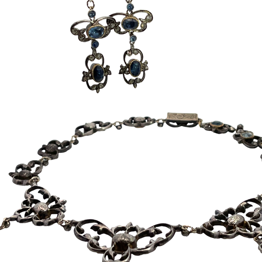 Georgian Sterling silver, gold, sapphire and rose cut diamond foil back necklace and earring set