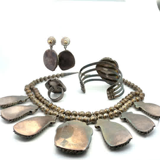 Native American set of green turquoise and sterling silver necklace, earrings, cuff bracelet and ring
