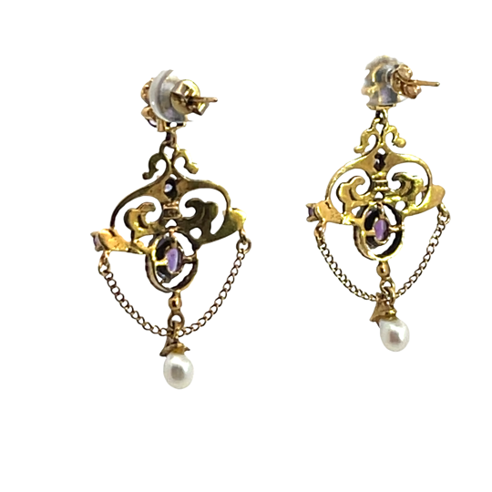 Victorian 14KY gold, amethyst and pearl chandelier style post earrings