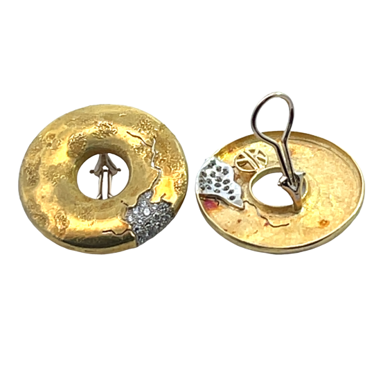 Modern 18KY and white gold and diamond Yves Kamioner 'donut style' omega back earrings
