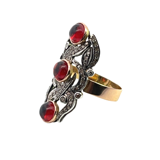 Georgian 18KY gold, sterling silver, garnet, and rose cut diamond ring