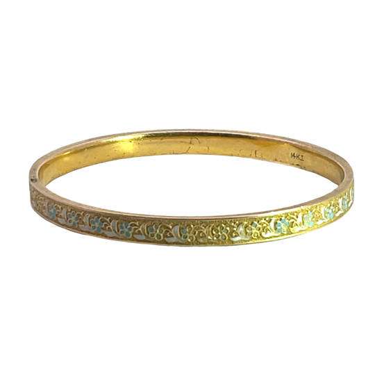 Victorian 14KY gold and blue enamel Forget-Me-Not bangle style bracelet
