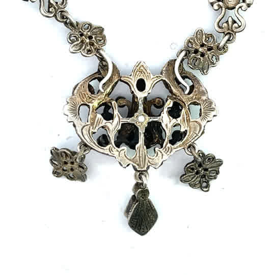 Austro-Hungarian Sterling Silver, Green beryl, ruby, and natural pearls link necklace with pendant