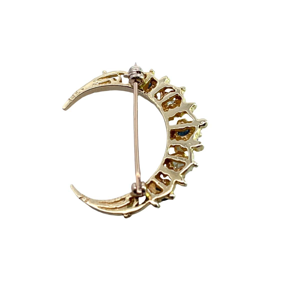 Victorian 14KY gold, natural diamond and sapphire crescent moon pin