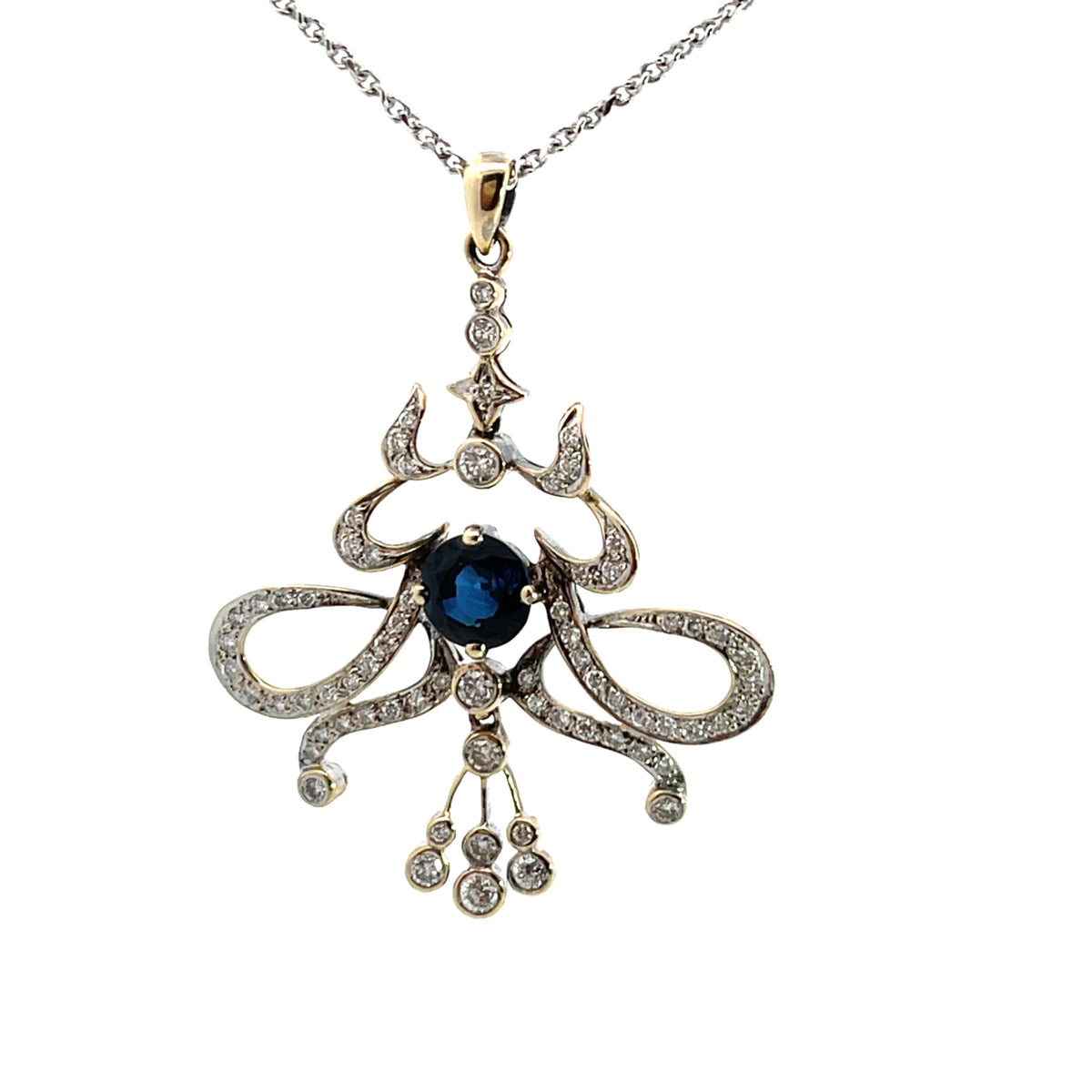 Art Deco 14K white gold, yellow gold diamond and sapphire lavaliere necklace