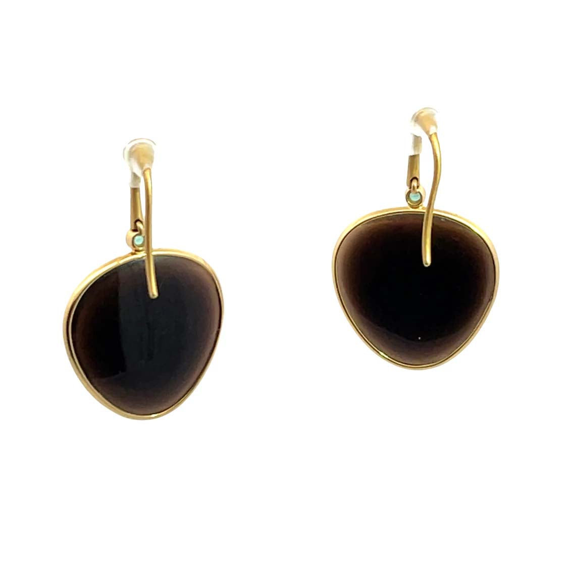 Modern 18KY gold, obsidian slices, and emerald shepherd's hook earrings