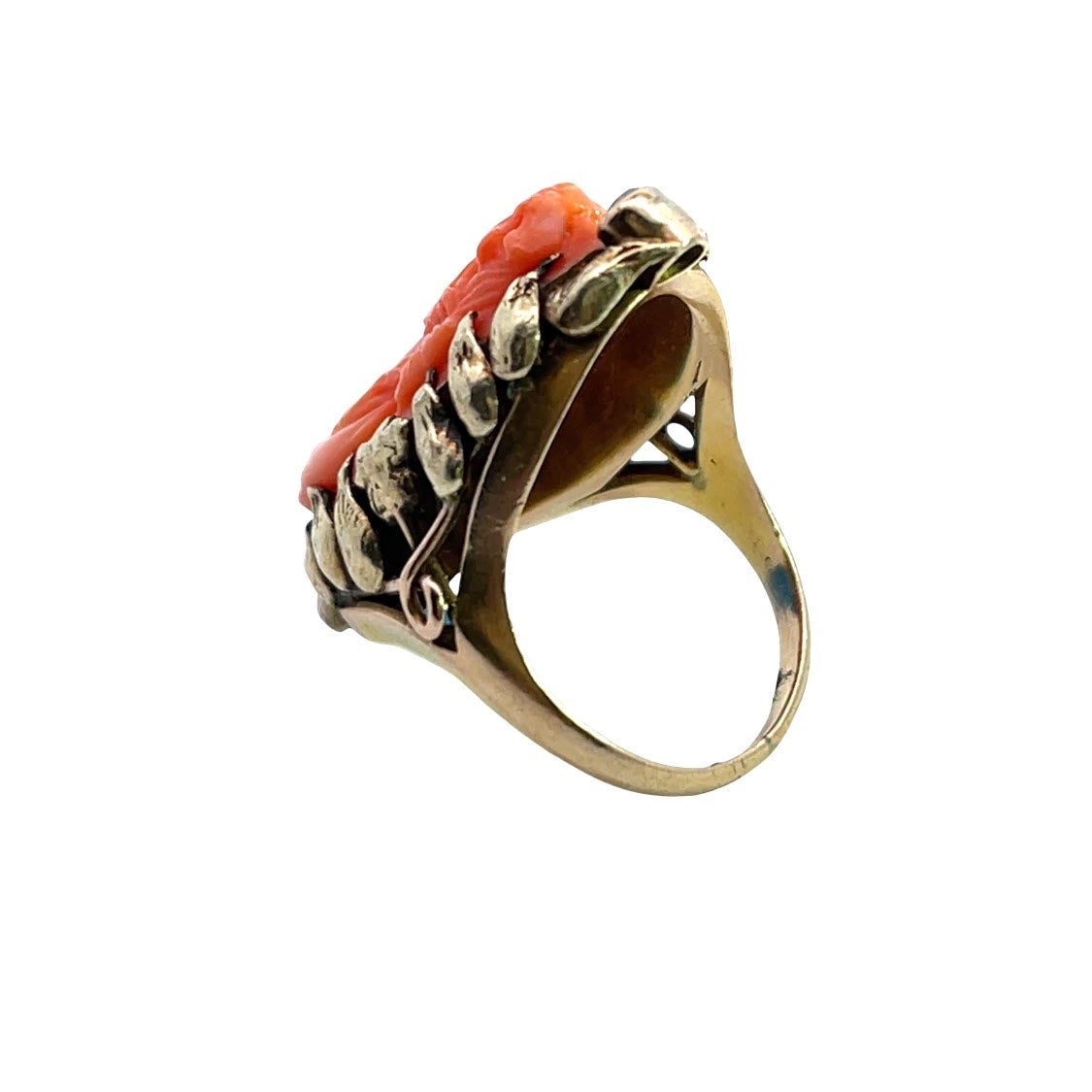 Victorian 10K yellow gold, Carved Coral and Old Mine Cut Diamond ring