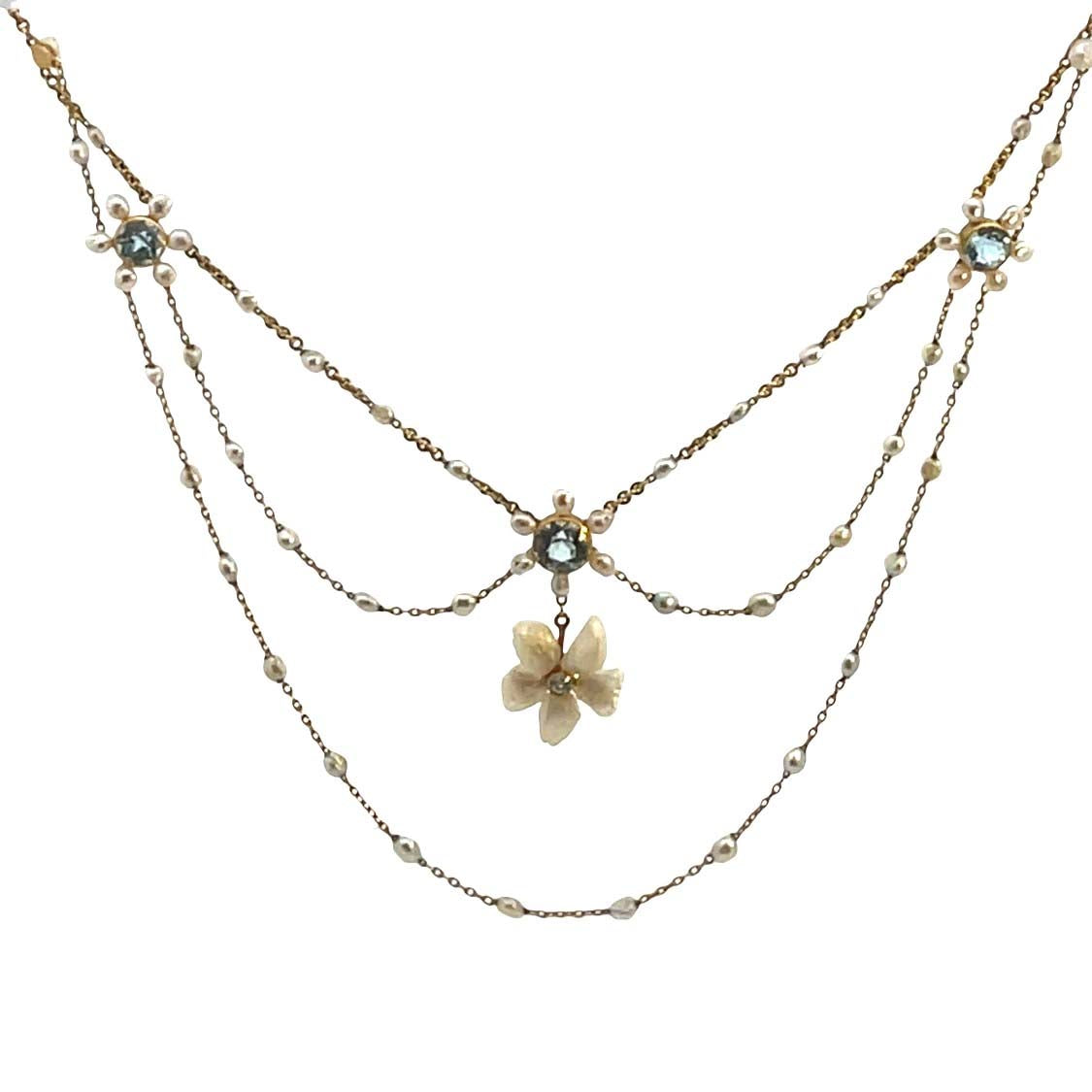 Victorian 14K Yellow Gold, diamond, pearl and natural aquamarine 'Festoon' style Necklace
