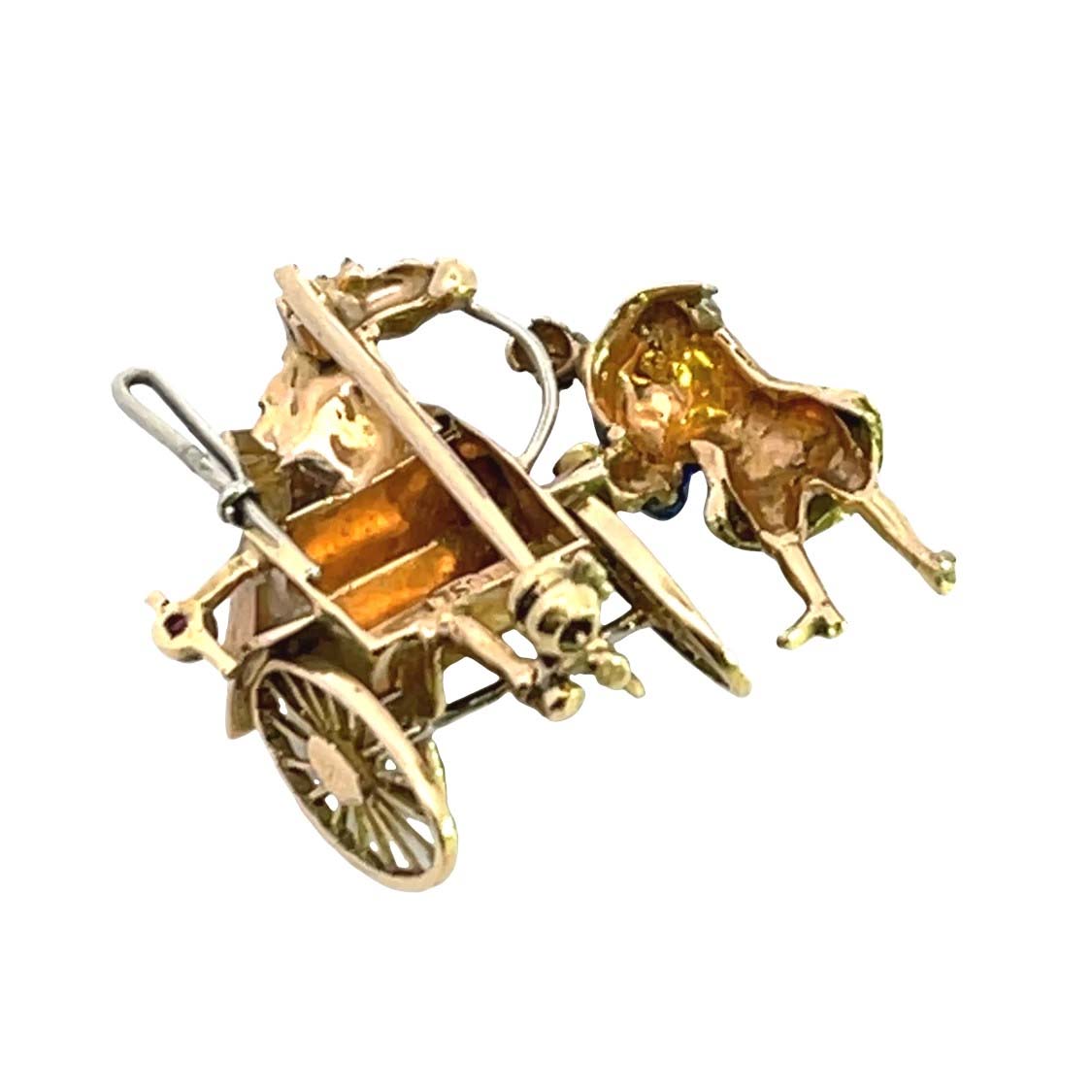 Victorian 18KY and white gold enamel and ruby horse carriage brooch