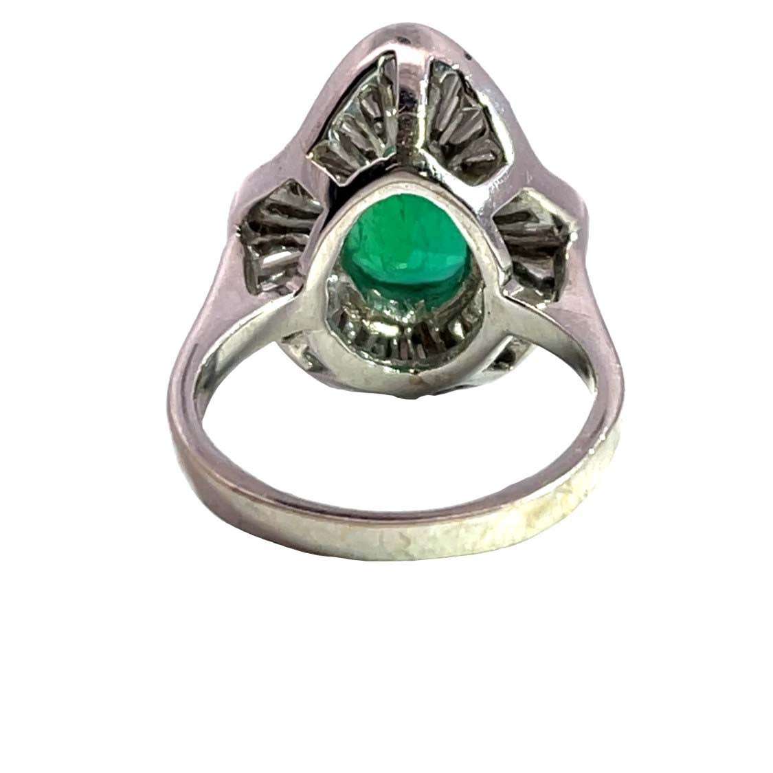 Mid Century Modern 18K white gold, Colombian emerald and baguette diamond cocktail ring