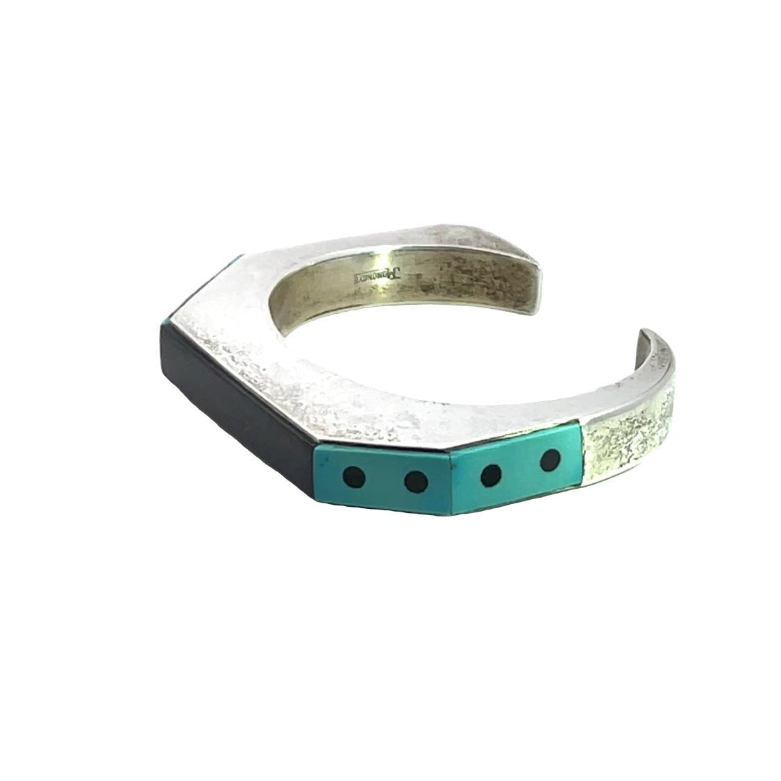 Native American sterling silver turquoise, coral, malachite, jet and mother of pearl Jesse Monongya cuff inlay bracelet