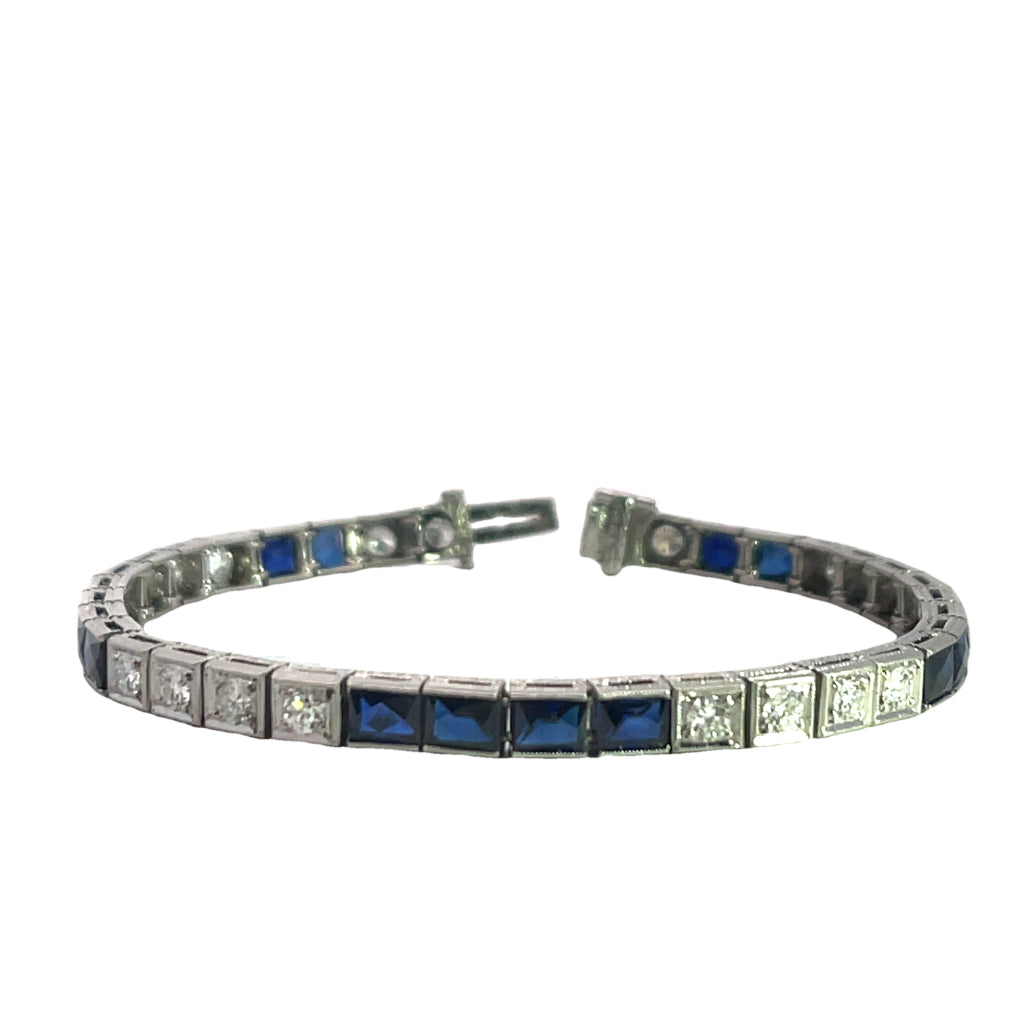 Art Deco Platinum, diamond and lab grown sapphire line bracelet