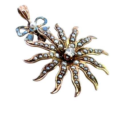 Victorian 10KY gold, seed pearl and enamel bow conversion pin and pendant