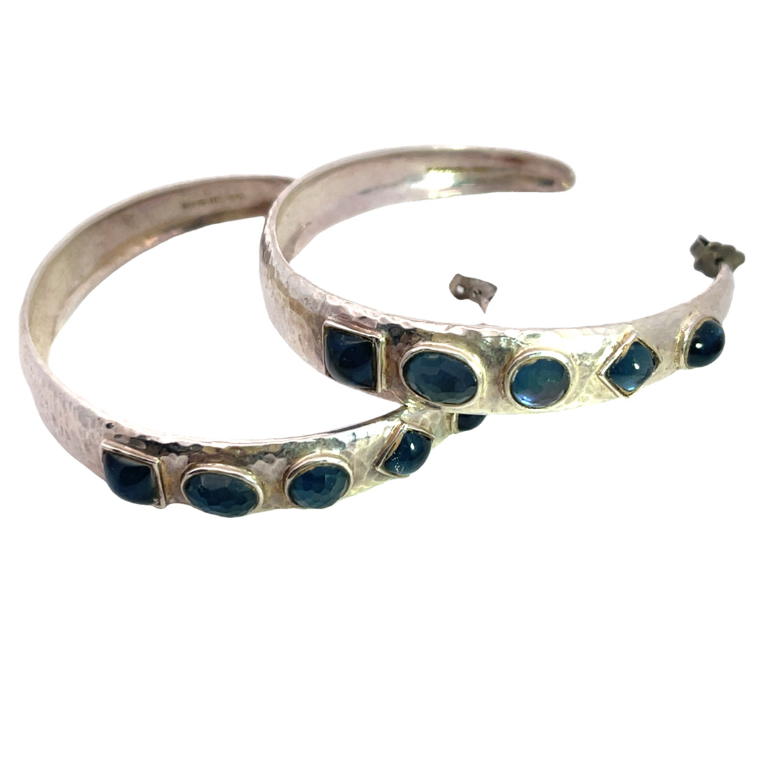 Modern Sterling Silver Mother of pearl and blue topaz hammered hoop post earrings