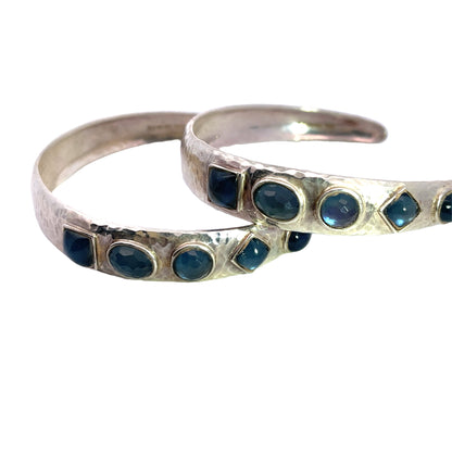 Modern Sterling Silver Mother of pearl and blue topaz hammered hoop post earrings