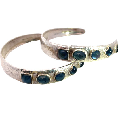 Modern Sterling Silver Mother of pearl and blue topaz hammered hoop post earrings