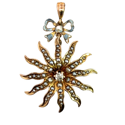 Victorian 10KY gold, seed pearl and enamel bow conversion pin and pendant