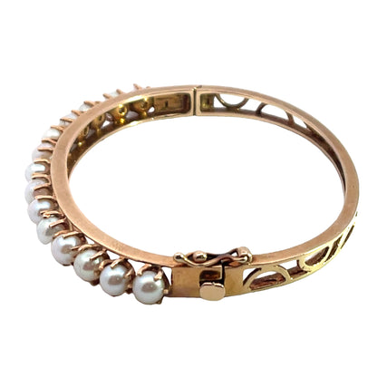 Mid Century Modern 14KY gold and pearl and clasp bangle bracelet