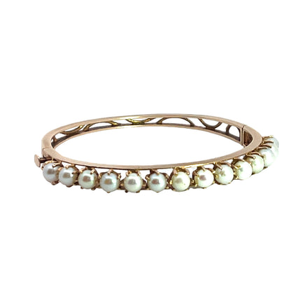 Mid Century Modern 14KY gold and pearl and clasp bangle bracelet
