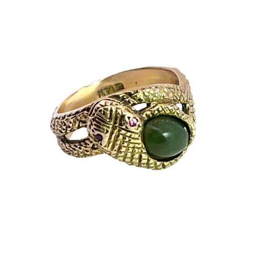 Modern 14KY gold jadeite and ruby snake ring