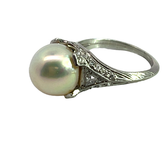 Art Deco Platinum Diamond and Pearl Ring
