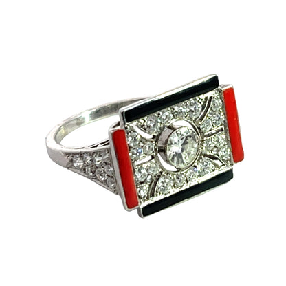 Art Deco Platinum Diamond and enamel Ring