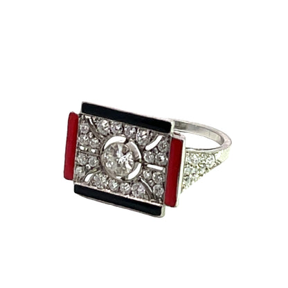 Art Deco Platinum Diamond and enamel Ring