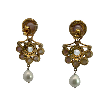 Modern 18KY gold, sterling silver, pearl diamonds and white sapphires chandelier drop earrings
