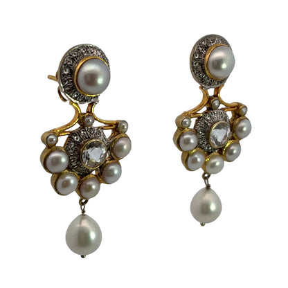 Modern 18KY gold, sterling silver, pearl diamonds and white sapphires chandelier drop earrings