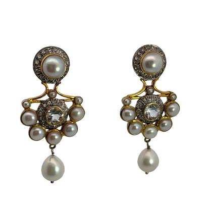 Modern 18KY gold, sterling silver, pearl diamonds and white sapphires chandelier drop earrings
