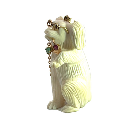 Modern 14KY gold, carved bone, emerald, sapphire and ruby dog pendant