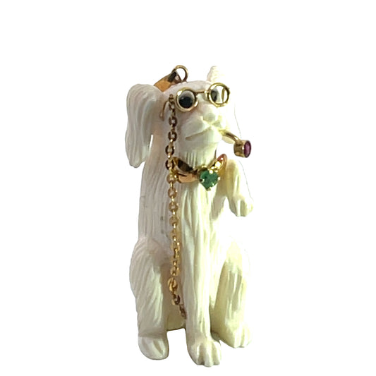 Modern 14KY gold, carved bone, emerald, sapphire and ruby dog pendant
