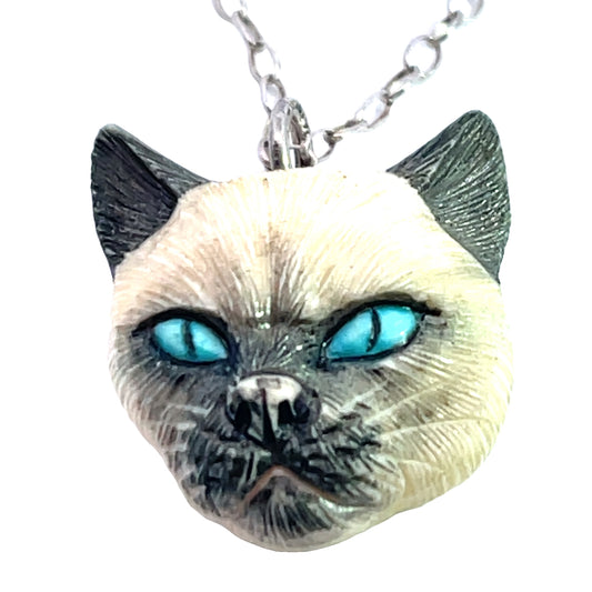 Victorian Sterling silver and carved bone Siamese cat pendant