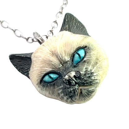 Victorian Sterling silver and carved bone Siamese cat pendant