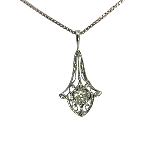 Art Deco 18K and 14K white gold filigree pendant