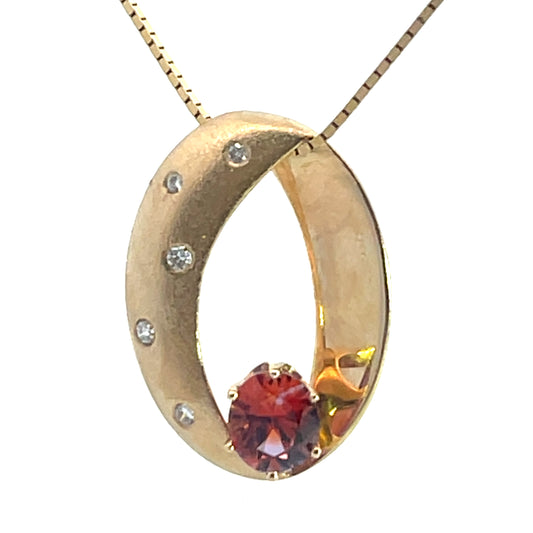Modern 14KY gold Montana padparadscha sapphire with diamond pendant